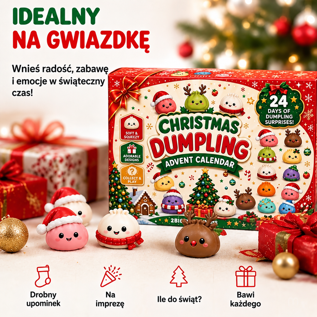 Pudełko kalendarza obok czterech figurek w czapkach i szaliku wśród prezentów, z ikonami zastosowań na dole 2