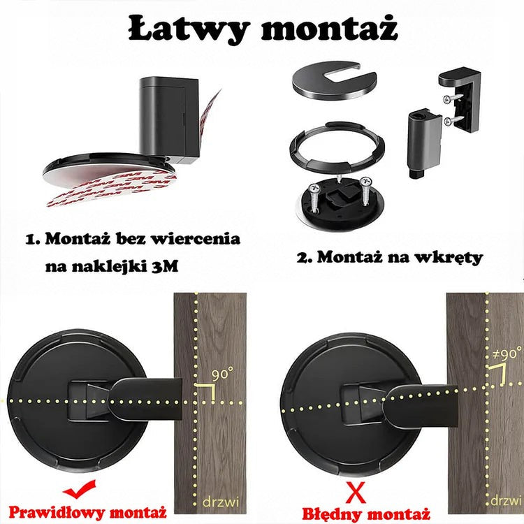 Schemat montażu na taśmie dwustronnej lub na wkręty oraz poprawne i błędne ustawienie względem drzwi 4