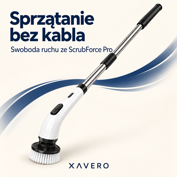 Szczotka z kijem na jasnym tle z niebieską falistą grafiką, widok z ukosa 9