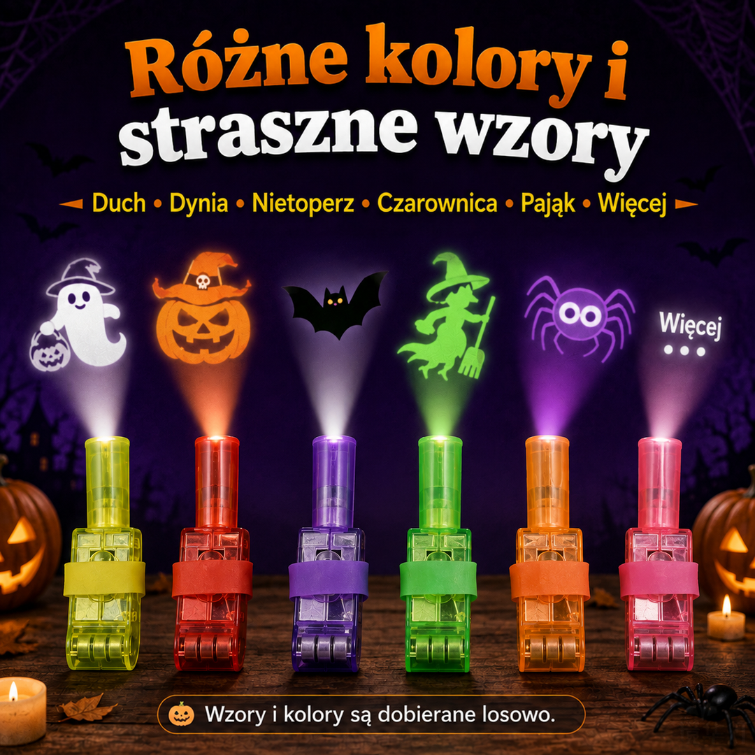 Sześć świecących projektorów w różnych kolorach rzuca nad sobą wzory ducha, dyni, nietoperza, wiedźmy i pająka 7