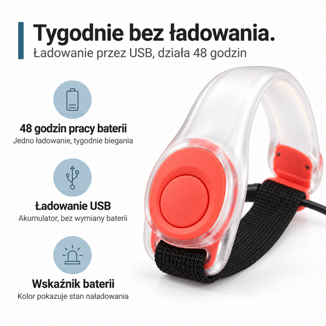 Opaska z czerwonymi elementami i czarnym paskiem, ukazana z bliska od strony przycisku 5