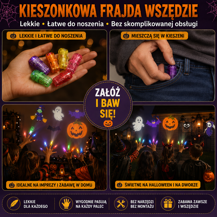 Kolaż: projektory na dłoni i w kieszeni spodni oraz dzieci bawiące się nimi na imprezie i na dworze 13