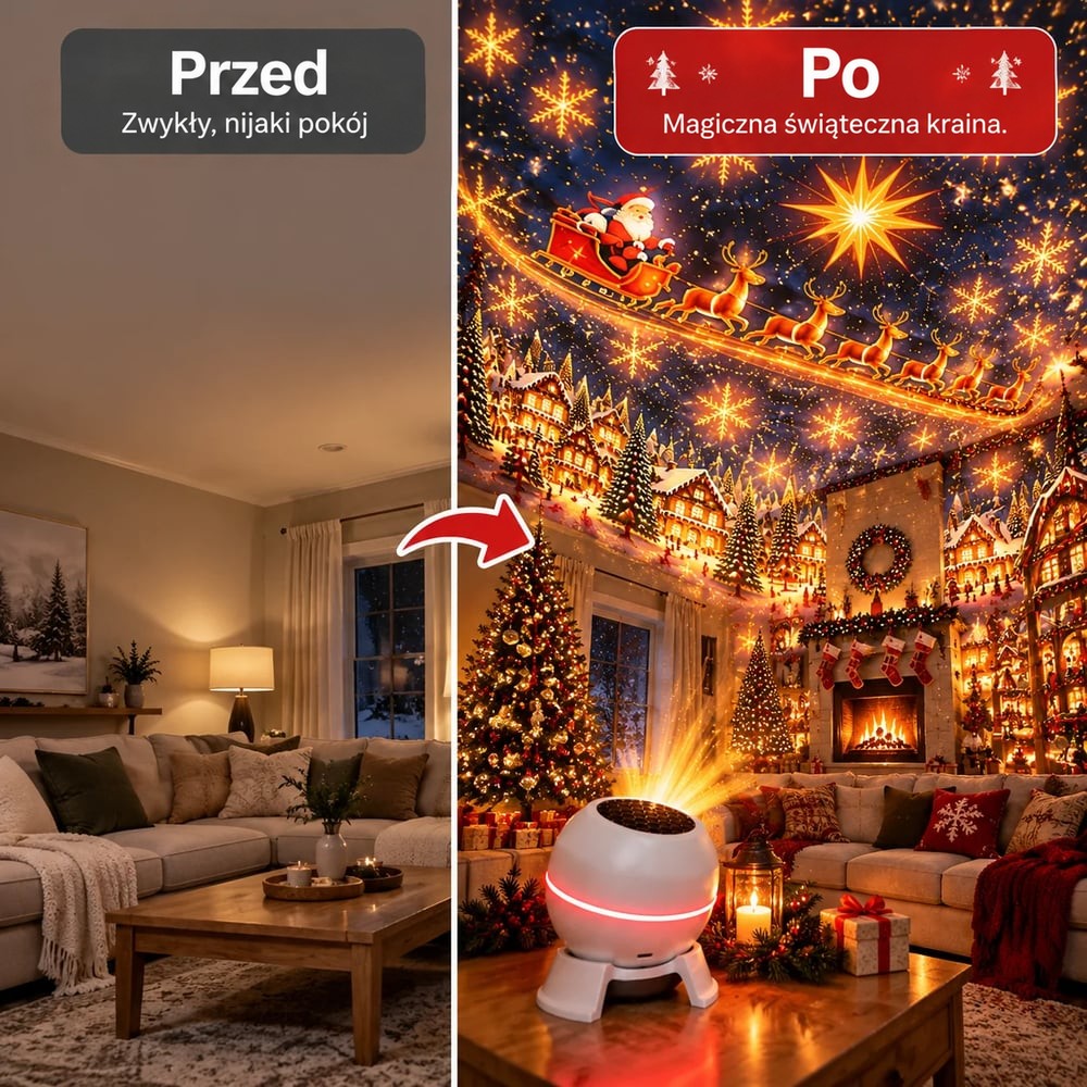 Zestawienie przed i po: zwykły salon oraz ten sam pokój rozświetlony świąteczną projekcją lampy 3