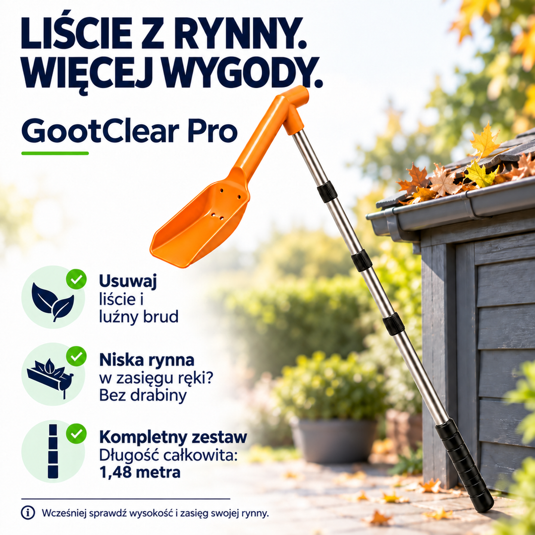 Pomarańczowa łopatka na teleskopowym drążku oparta o rynnę z jesiennymi liśćmi przy ogrodowym domku 1