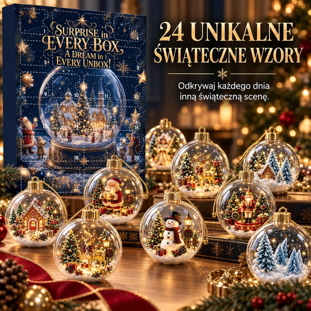 Granatowe pudełko kalendarza z kulą śnieżną na froncie i osiem przezroczystych bombek z zimowymi scenkami 1