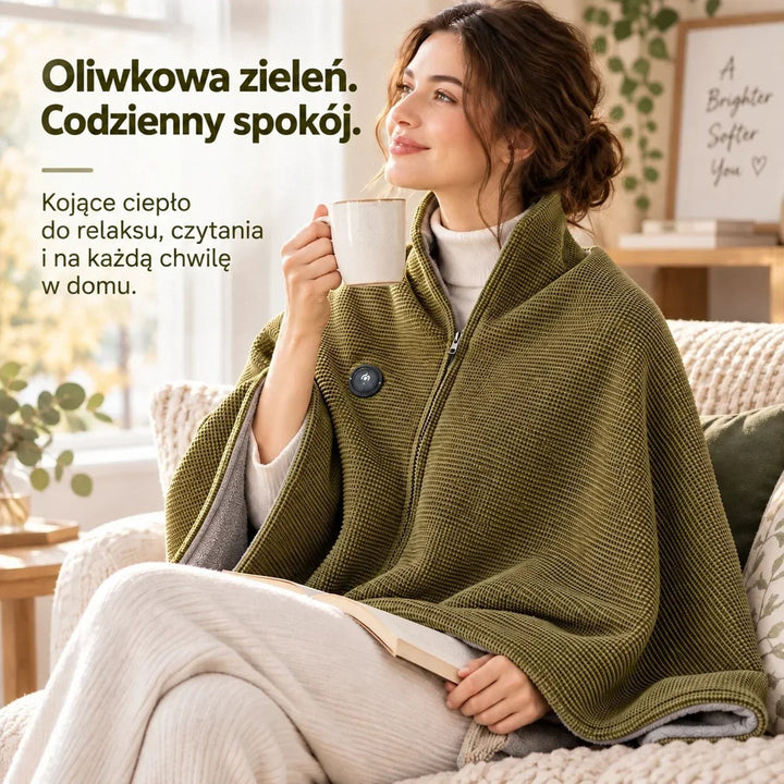 Kobieta w oliwkowo-zielonej narzutce czyta książkę na kanapie i trzyma kubek 8