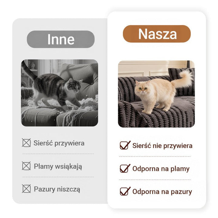 Porównanie dwóch sof z kotami: zniszczone obicie obok sofy z ciemną narzutą 4
