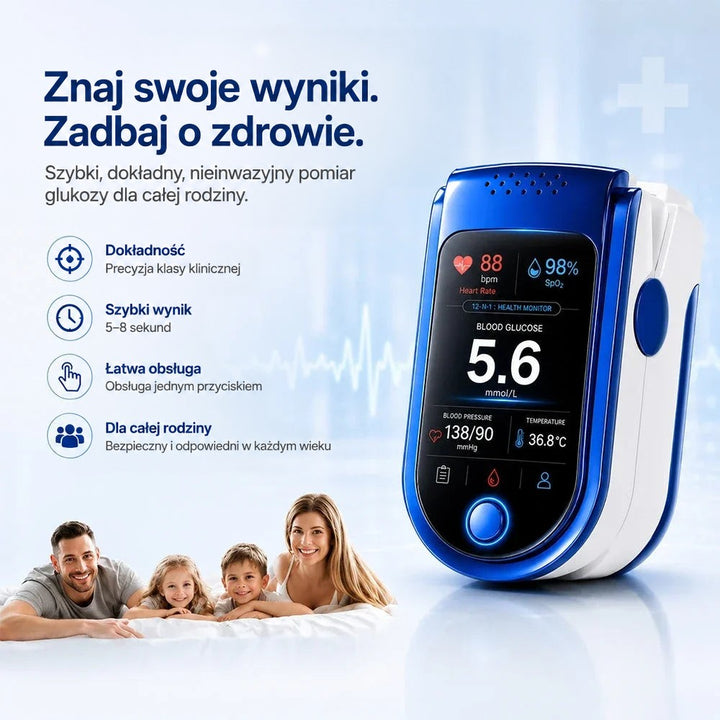 Urządzenie obok uśmiechniętej czteroosobowej rodziny leżącej na łóżku, z czterema ikonami jego zalet po lewej stronie. 5