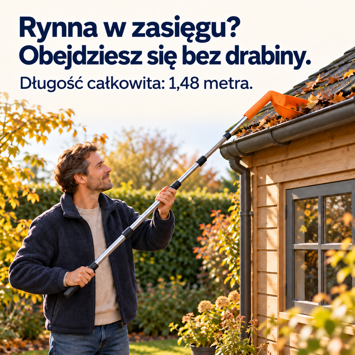 Uśmiechnięty mężczyzna stojąc na ziemi czyści niską rynnę drewnianego domku bez drabiny 6