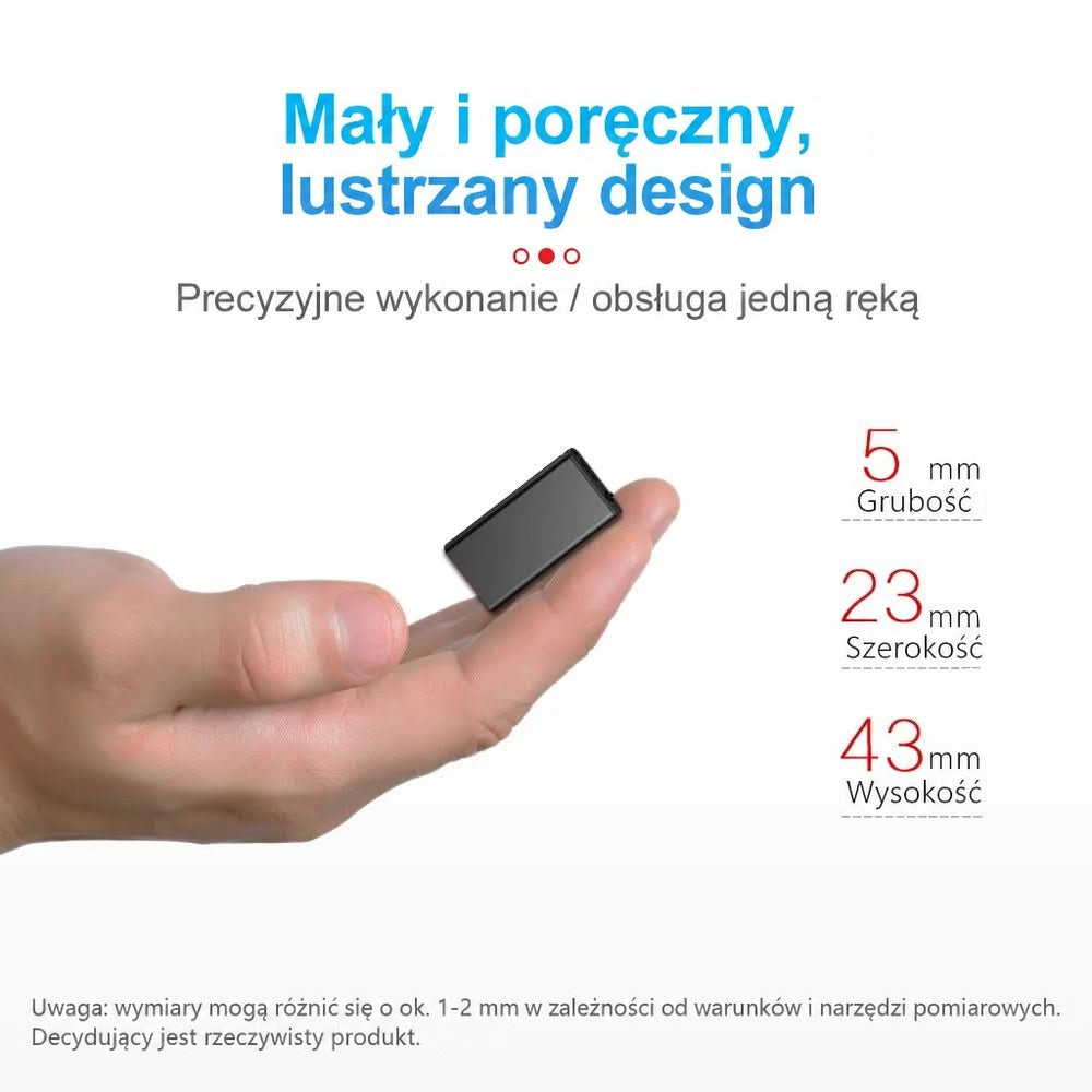 Mały czarny dyktafon leżący na palcach dłoni, obok podane wymiary grubości, szerokości i wysokości 4