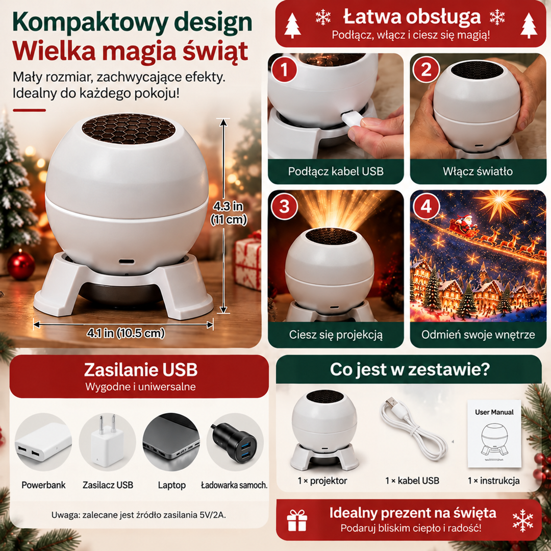 Plansza informacyjna: wymiary lampki, kolejne kroki obsługi, możliwe źródła zasilania USB i zawartość pudełka 7