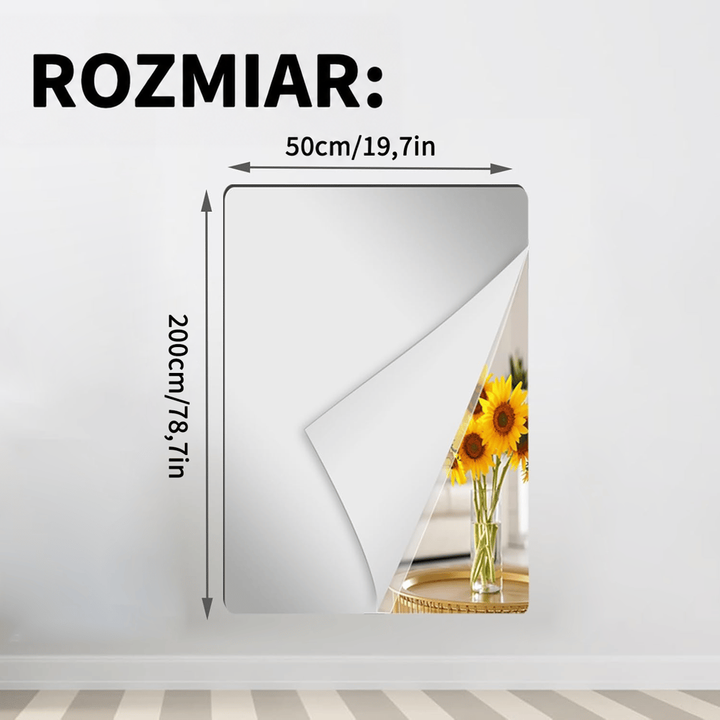 Prostokątny arkusz lustrzanej folii z odgiętym rogiem na ścianie, z wymiarami 50 na 200 cm 13