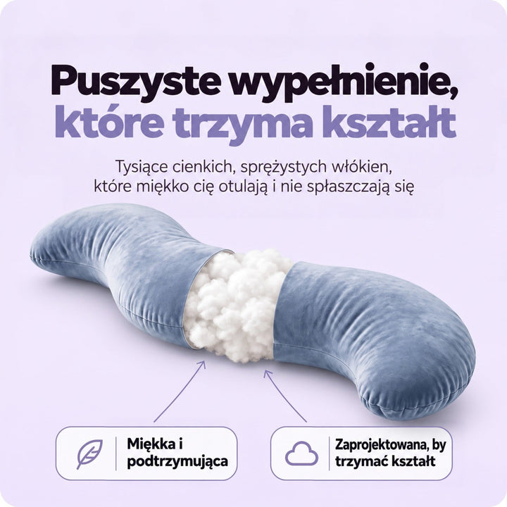 Przekrój poduszki z odsłoniętym białym, puszystym włóknistym wypełnieniem w środku niebieskiego pokrowca 4