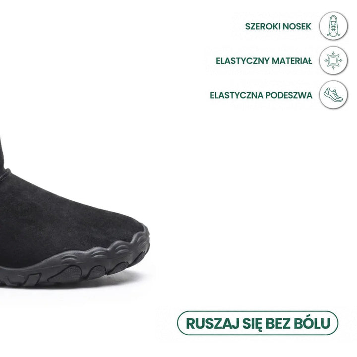 Przód czarnego buta z szerokim czubkiem i giętką podeszwą, obok ikony opisujące zalety budowy 14