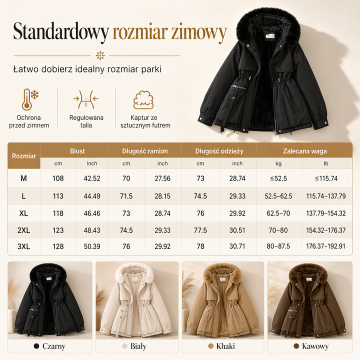 Plansza z tabelą rozmiarów M-3XL oraz czterema wariantami kolorystycznymi parki: czarnym, białym, khaki i brązowym 12