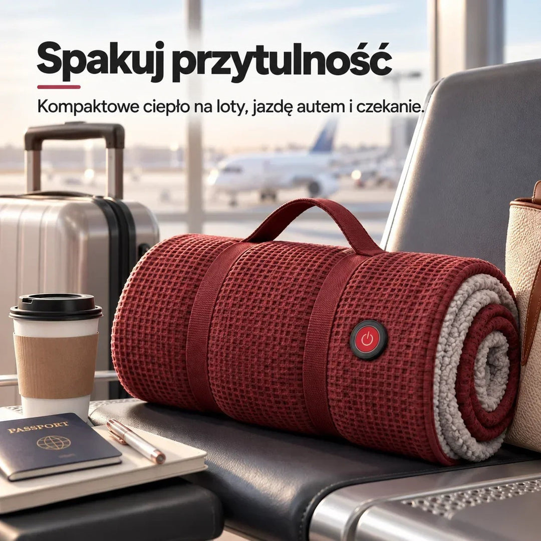 Zwinięta bordowa narzuta z uchwytem i czerwonym przyciskiem leży na lotniskowym siedzisku obok kawy i paszportu 12