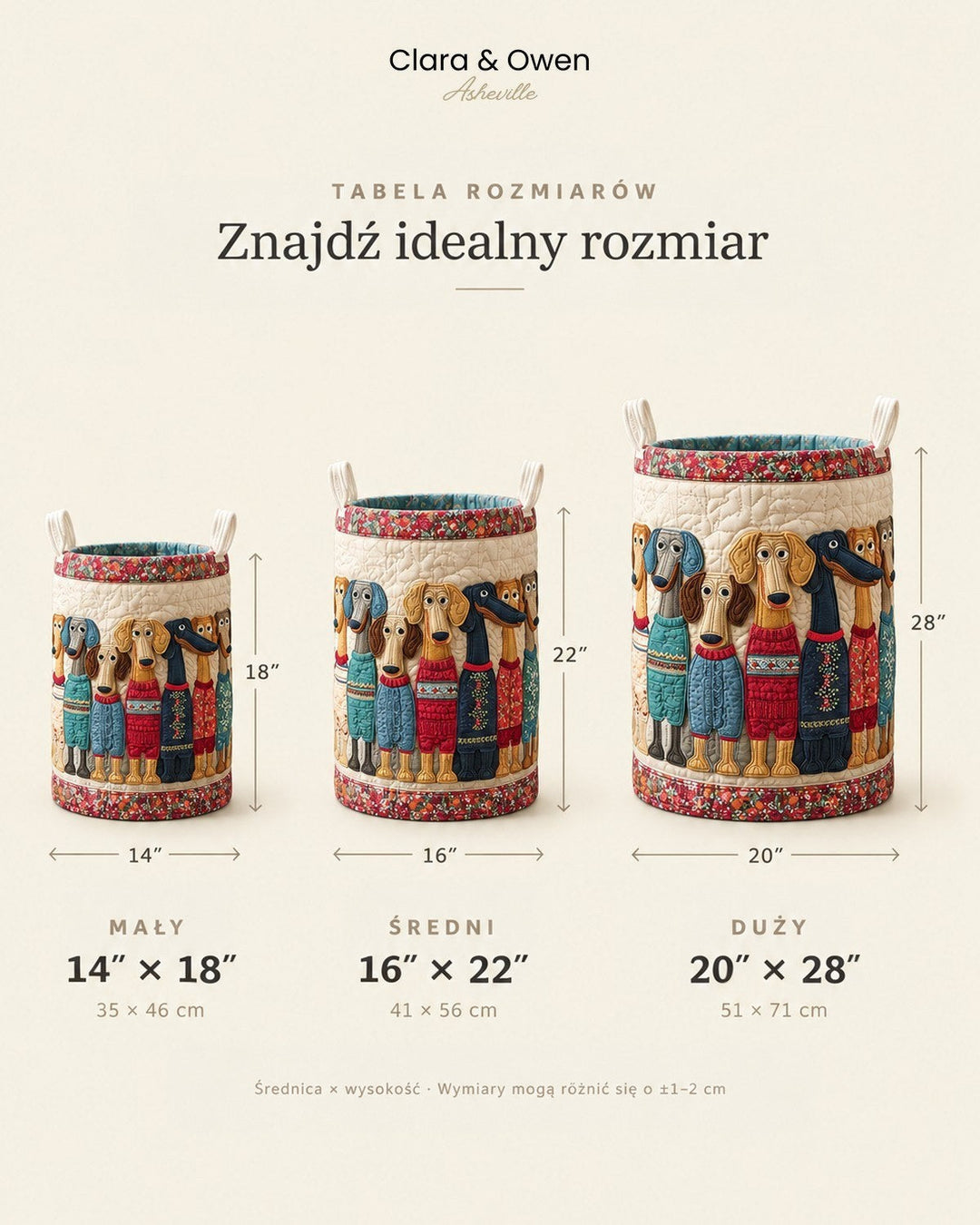 Zestawienie trzech rozmiarów kosza obok siebie, z zaznaczonymi wymiarami średnicy i wysokości 5