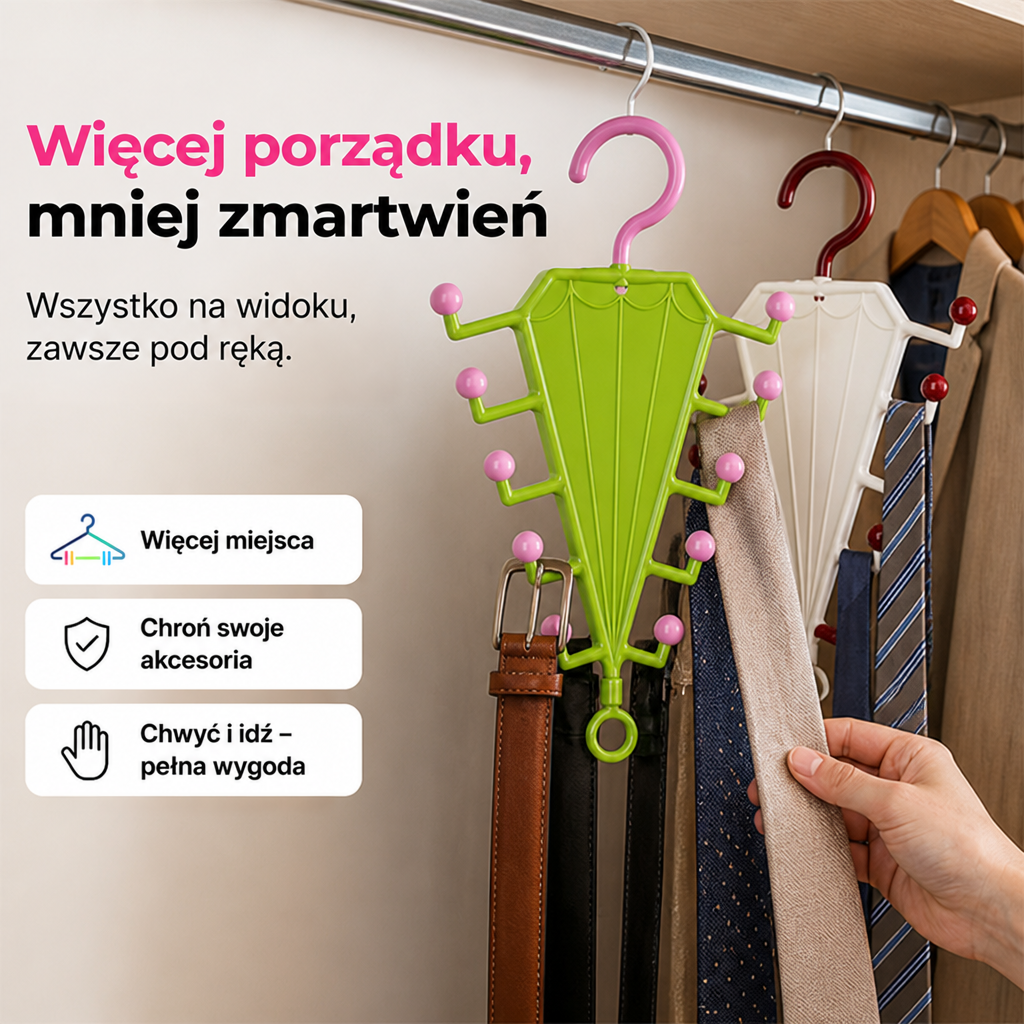 Zielony i biały wieszak na drążku, na którym wiszą paski i krawaty, dłoń sięga po krawat 5