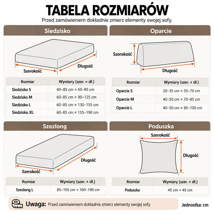 Tabela rozmiarów pokrowców na siedziska, oparcia, szezlong i poduszki ze schematami wymiarowania 17