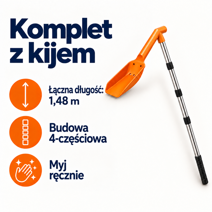 Złożone z czterech części narzędzie z łopatką na białym tle, obok ikony z opisem cech 5