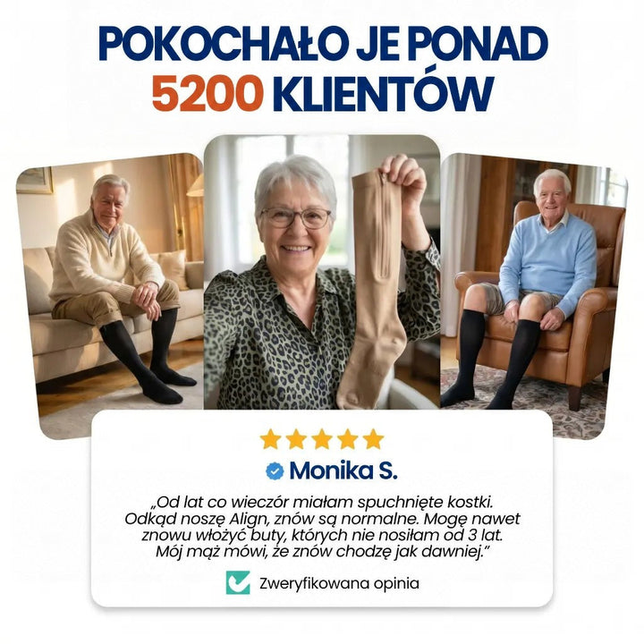 Trzy zdjęcia uśmiechniętych starszych osób w pończochach z zamkiem oraz pięciogwiazdkowa opinia klientki 9