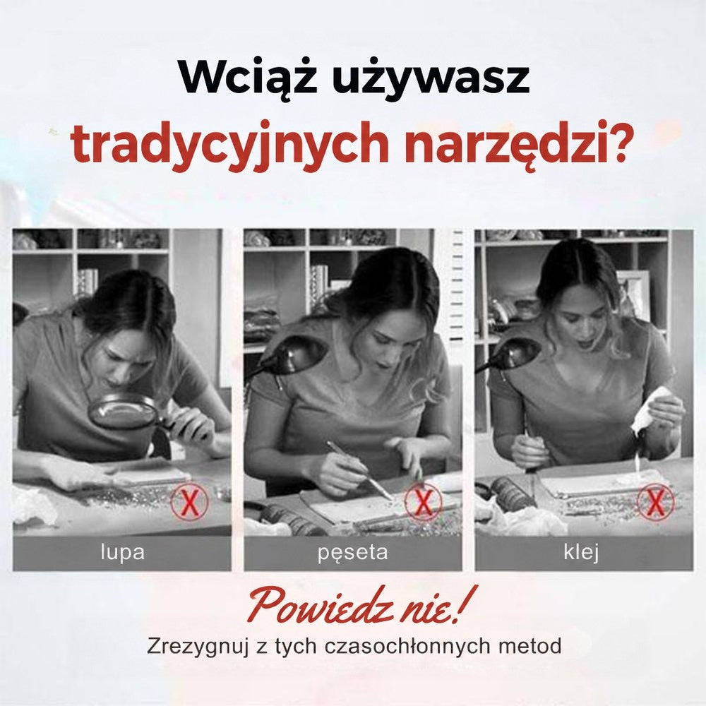 Trzy czarno-białe ujęcia kobiety pracującej z lupą, pincetą i klejem, przekreślone czerwonym znakiem X 2