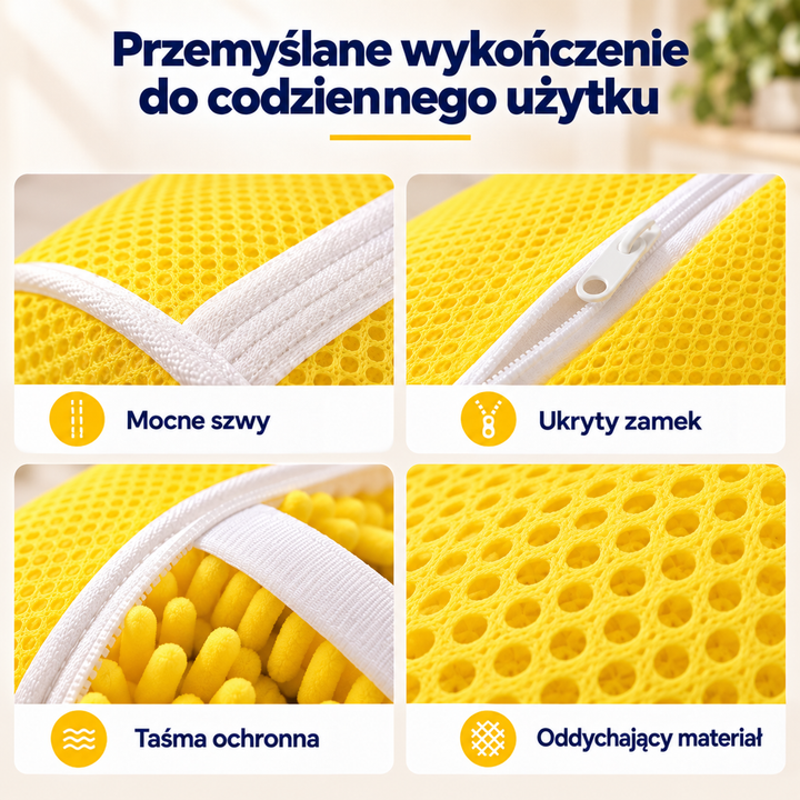 Cztery zbliżenia worka: obszycie krawędzi, ukryty zamek, pasek ochronny i oczka siatki 7