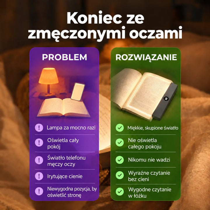 Grafika porównująca zwykłą lampkę i telefon z płaską lampką do książki, z listą zalet 4