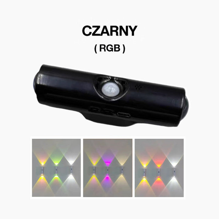 Czarna lampa w wersji RGB z trzema przykładami wielokolorowego światła na ścianie 4