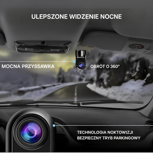 Kamera przyssana do przedniej szyby auta, widok na zaśnieżoną drogę, z opisem obrotu o 360 stopni 3