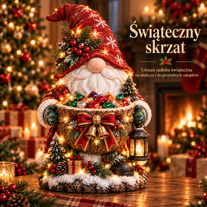 Figurka skrzata w czerwonej czapce ze śnieżynkami, z misą pełną cukierków ozdobioną kokardą i dzwoneczkami 5