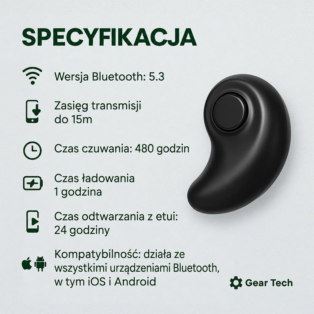 Czarna słuchawka w kształcie ziarna obok grafiki z danymi technicznymi, m.in. Bluetooth 5.3 i czasem pracy 5
