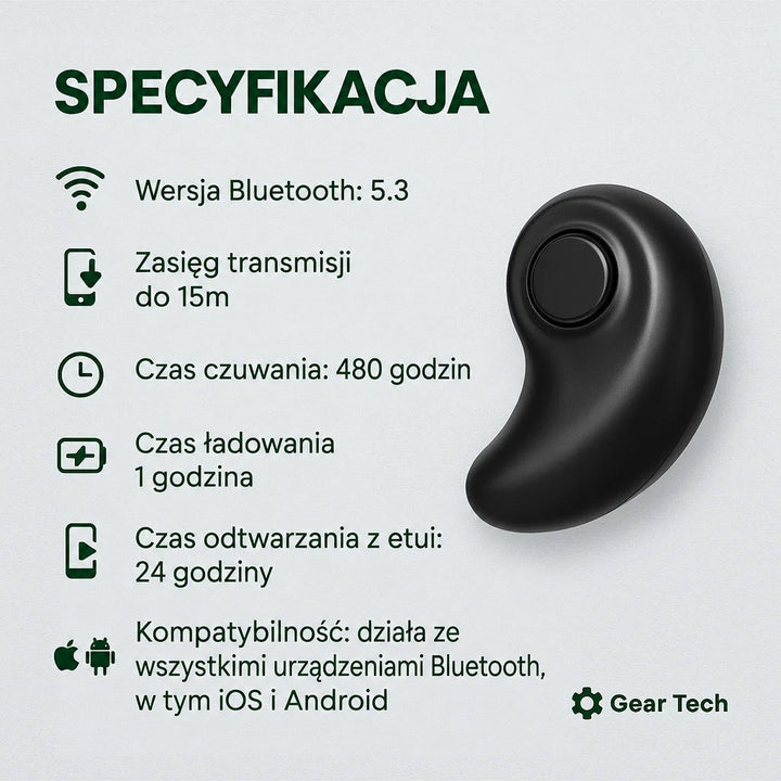 Czarna słuchawka w kształcie ziarna obok grafiki z danymi technicznymi, m.in. Bluetooth 5.3 i czasem pracy 5
