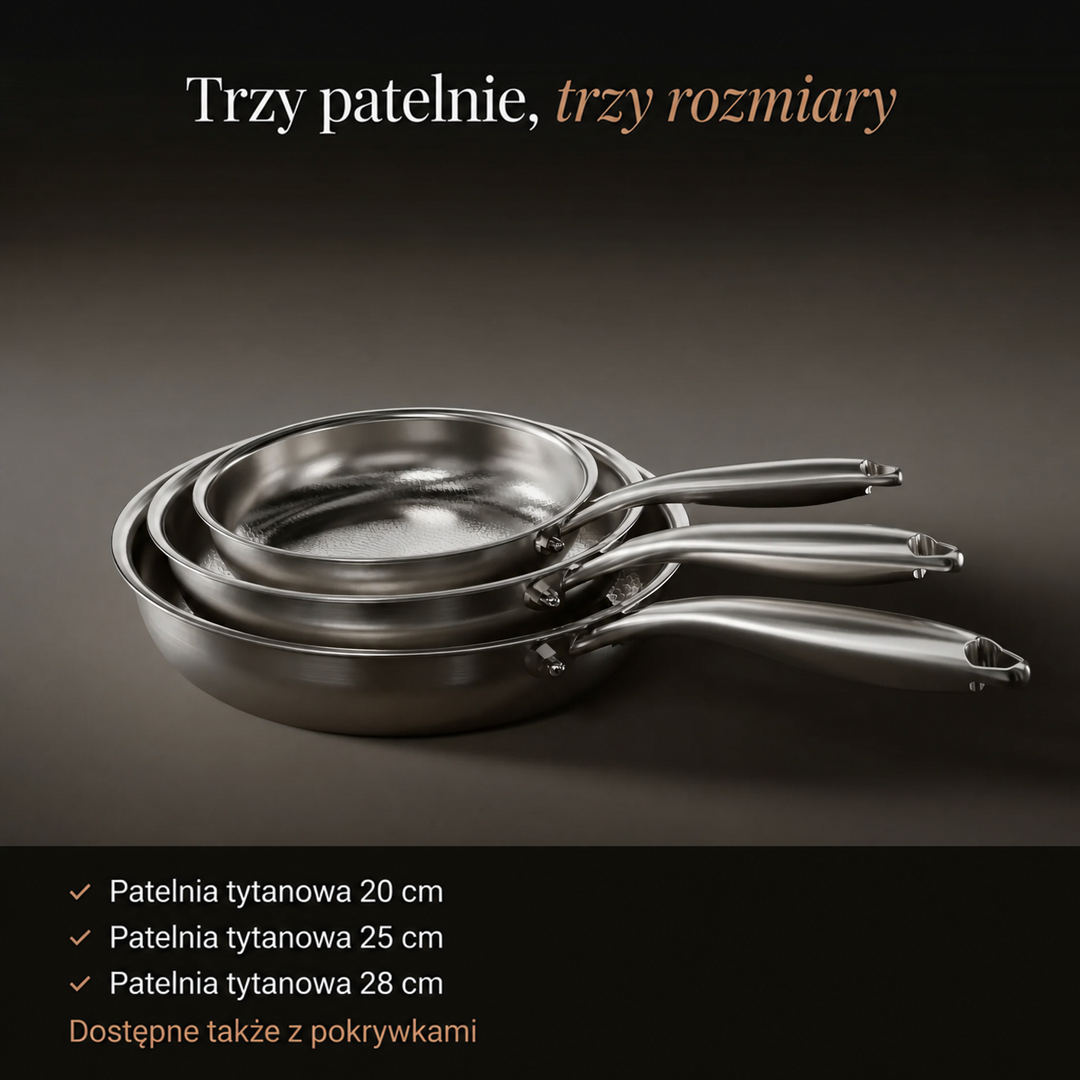 Trzy patelnie w trzech średnicach ustawione w stos, z wypunktowaniem rozmiarów zestawu 2