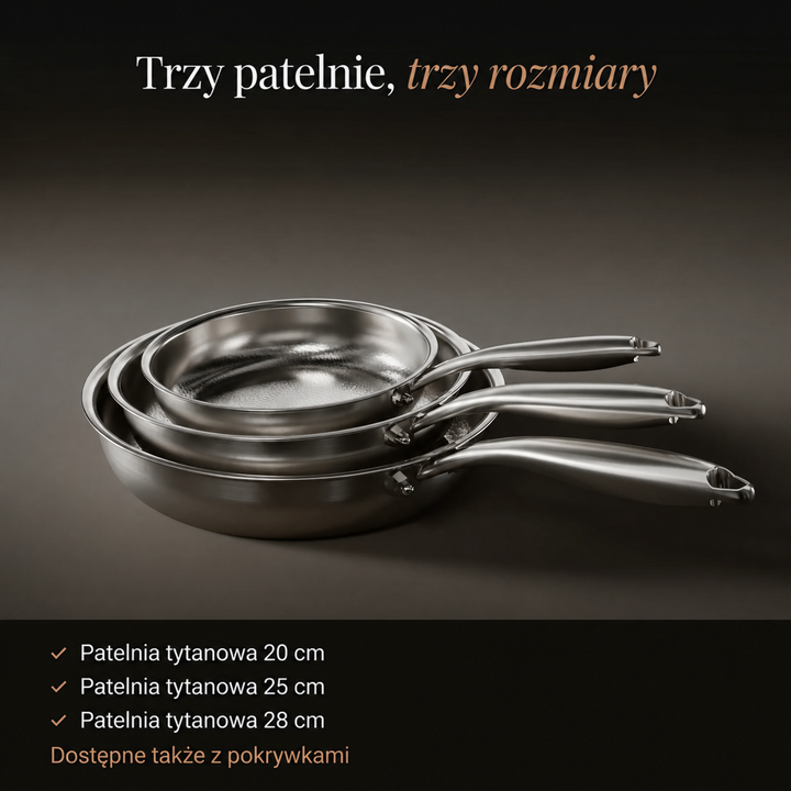 Trzy patelnie w trzech średnicach ustawione w stos, z wypunktowaniem rozmiarów zestawu 2