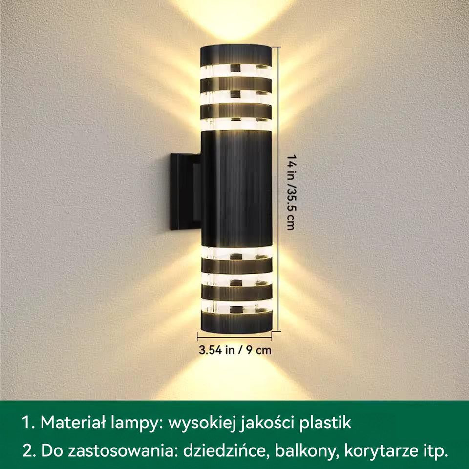 Grafika z wymiarami walcowego kinkietu z potrójnymi pierścieniami świetlnymi, wysokość około 35,5 cm 15