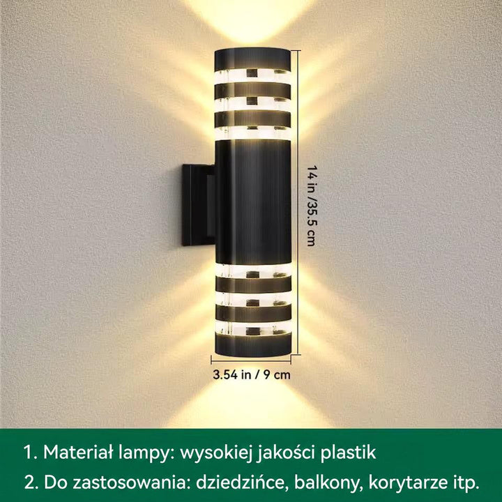 Grafika z wymiarami walcowego kinkietu z potrójnymi pierścieniami świetlnymi, wysokość około 35,5 cm 15