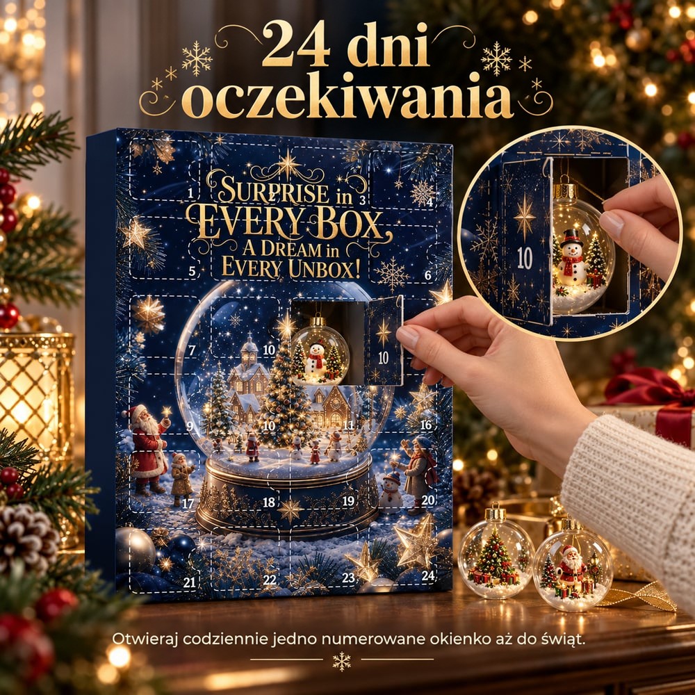 Dłoń otwiera okienko numer 10 kalendarza, w powiększeniu widać bombkę z bałwanem, obok leżą dwie inne 10