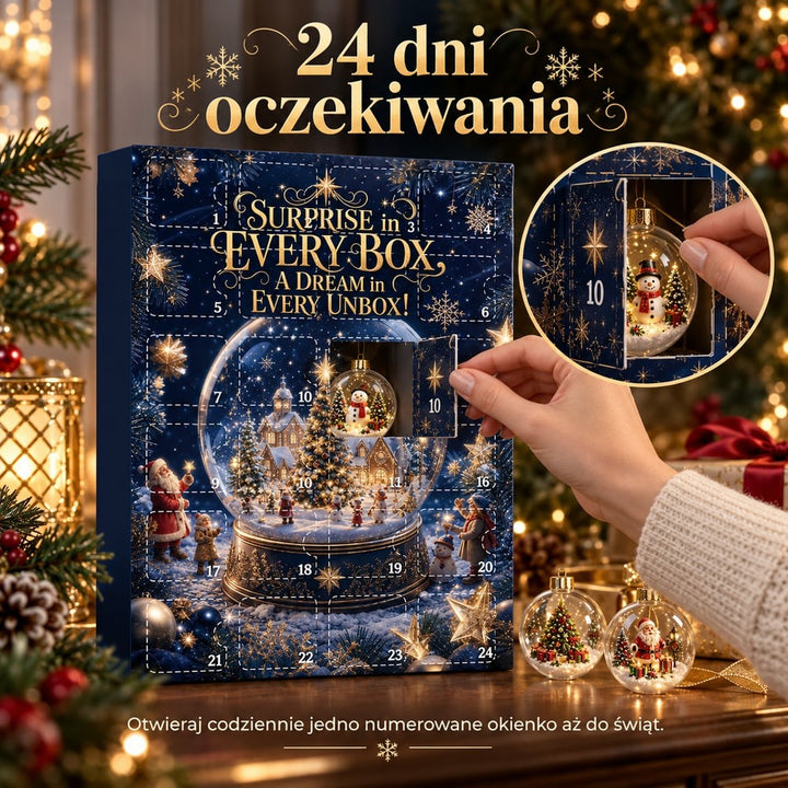 Dłoń otwiera okienko numer 10 kalendarza, w powiększeniu widać bombkę z bałwanem, obok leżą dwie inne 10