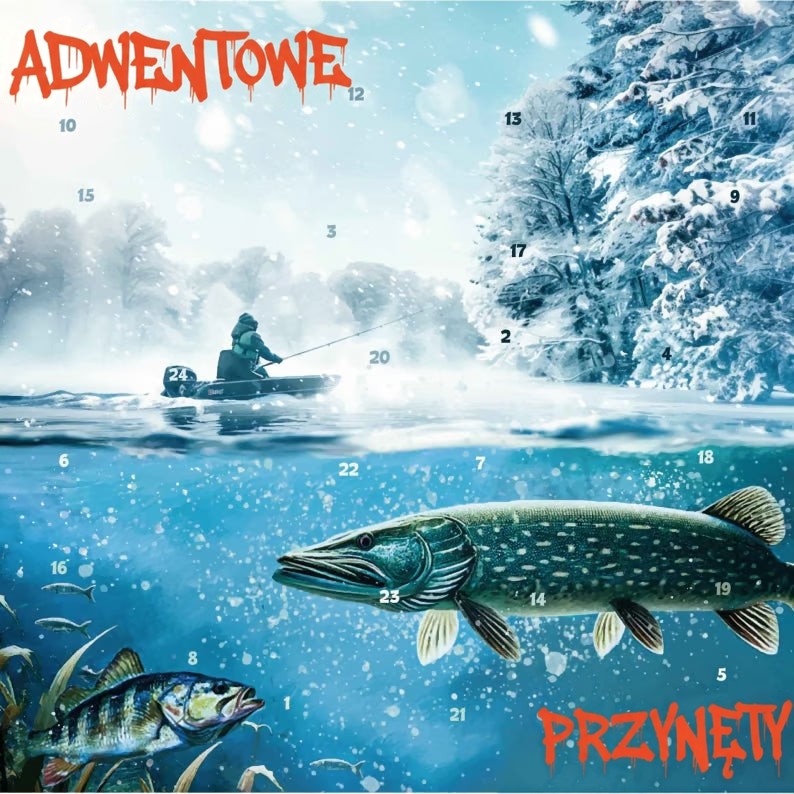 Zimowa grafika z wędkarzem na łodzi w śniegu oraz szczupakiem i okoniem pod wodą 4