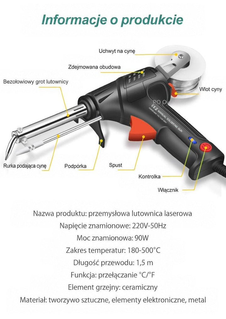 Opisane części narzędzia nad tabelą danych technicznych z mocą, napięciem i długością kabla 8