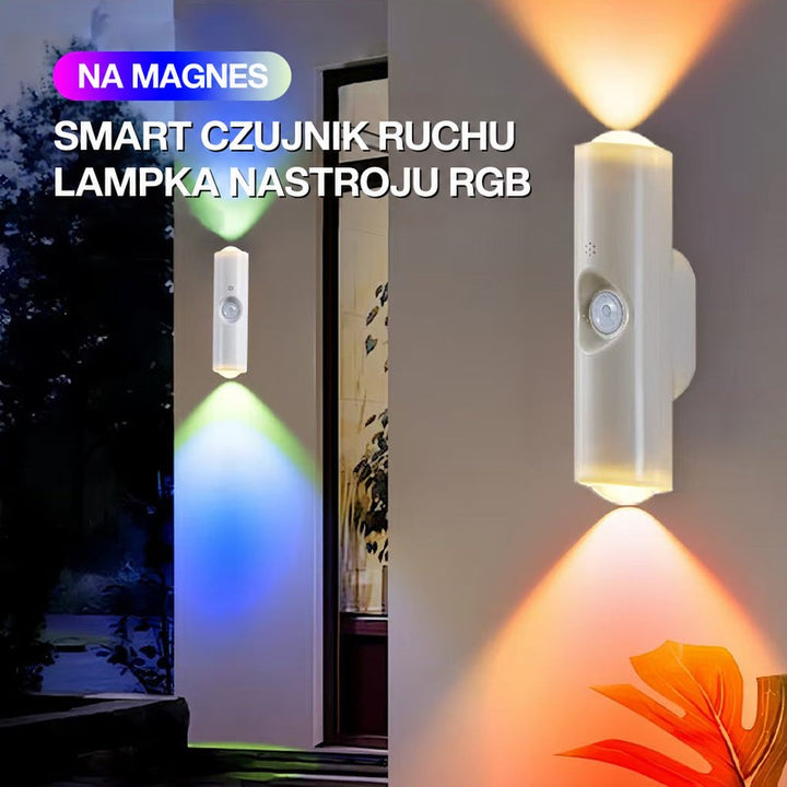 Białe lampy magnetyczne na ścianie świecą w górę i w dół kolorami niebieskim, zielonym i pomarańczowym 7