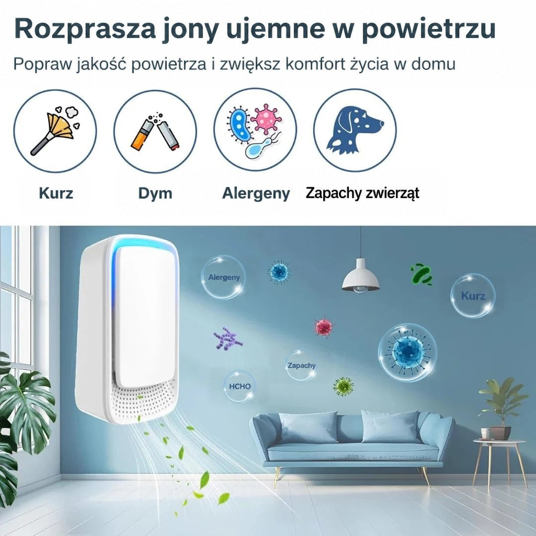 Grafika z ikonami zanieczyszczeń powietrza i jonizatorem w jasnym salonie z niebieską sofą 8
