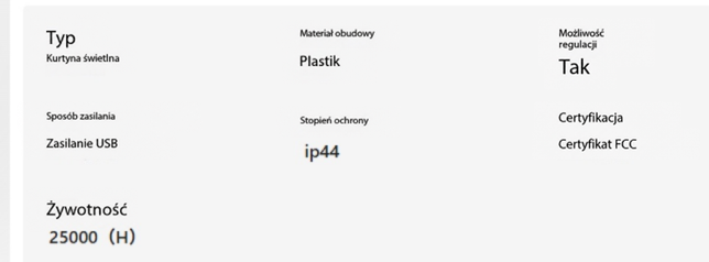 Tabela danych technicznych: kurtyna świetlna, plastikowa obudowa, zasilanie USB, stopień ochrony IP44, żywotność 25000 10