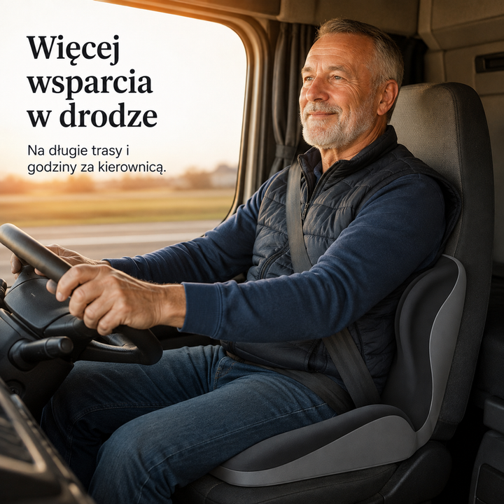Kierowca w kabinie ciężarówki podczas jazdy siedzi na fotelu z poduszką podpierającą plecy 5