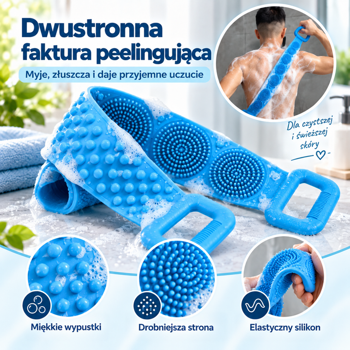 Niebieski silikonowy pas do mycia z dwiema fakturami, w piance, oraz zbliżenia wypustek i użycie na plecach 7