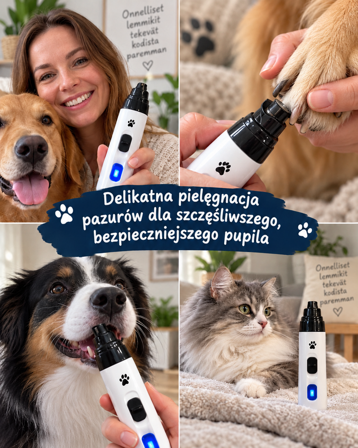 Kolaż czterech ujęć: kobieta z psem, szlifowanie łapy, owczarek z urządzeniem oraz kot obok grindera 13