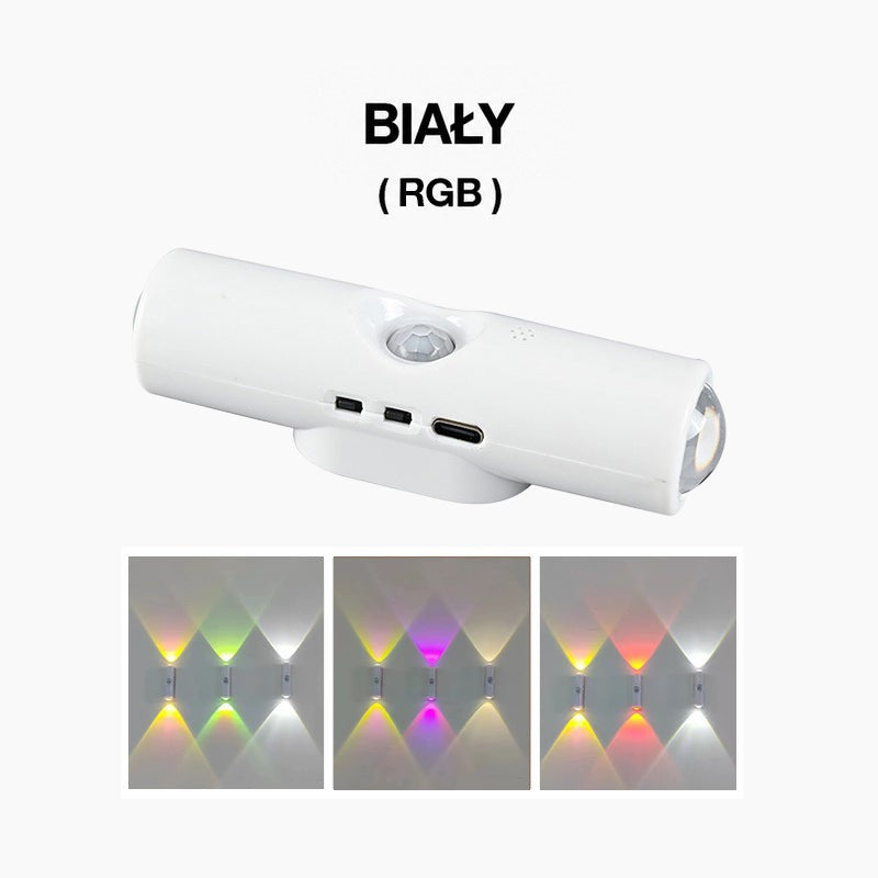 Biała lampa w wersji RGB z trzema przykładami kolorowego światła rzucanego na ścianę 2