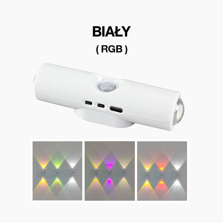 Biała lampa w wersji RGB z trzema przykładami kolorowego światła rzucanego na ścianę 2