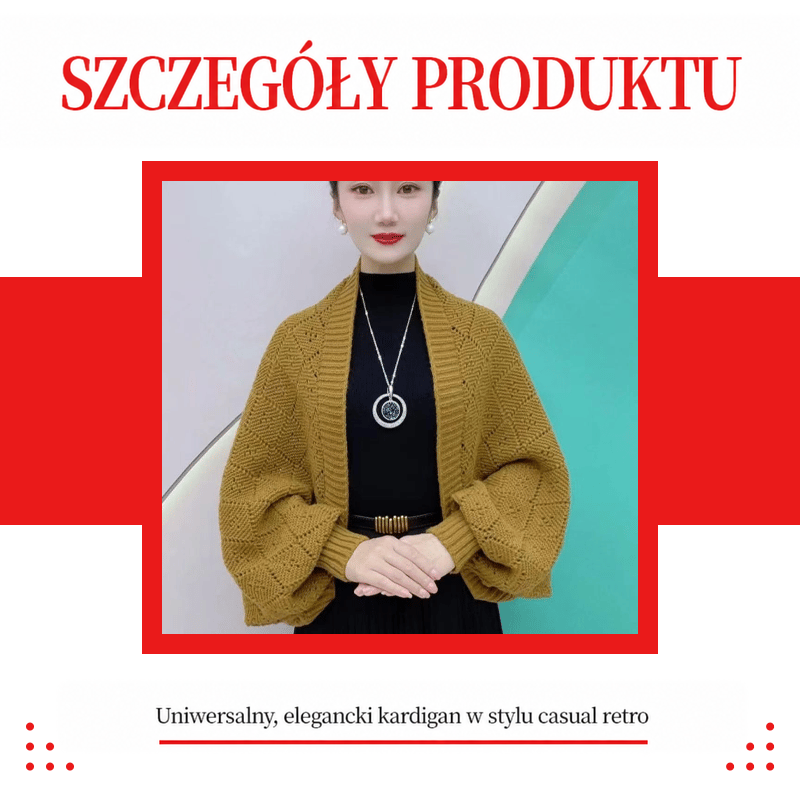 Grafika z czerwoną ramką pokazująca modelkę w musztardowym kardiganie z ażurowej dzianiny 14